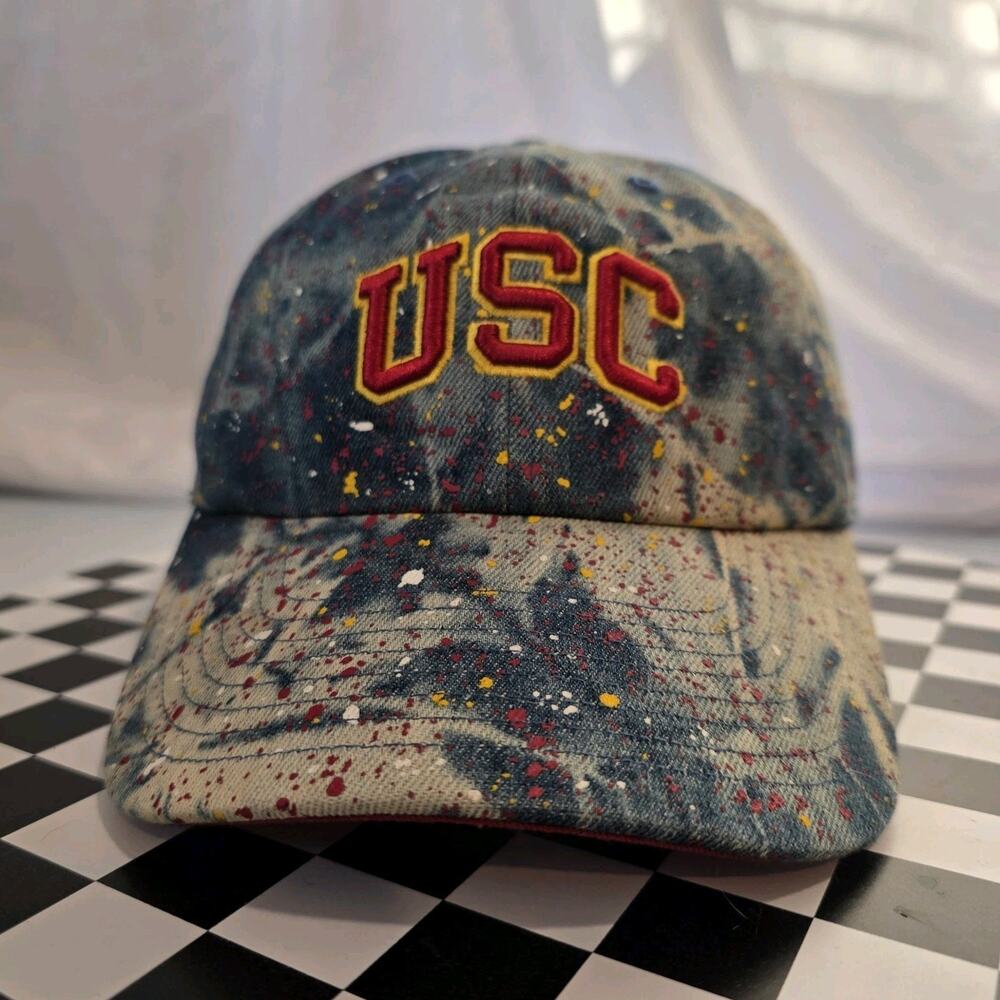 USC Trojans Hat '47 Brand Heritage Acid Wash Denim Paint Splatter Strapback Cap